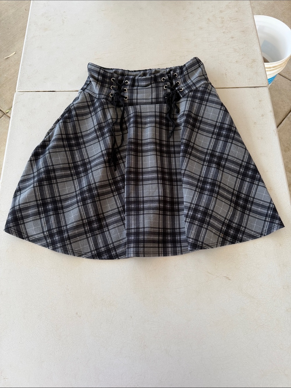 Midnight Hour Plaid Lace-Up Circle Skirt in Gray and Black